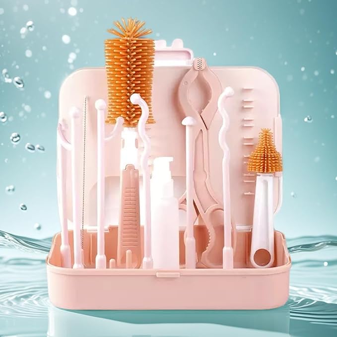 8-in-1 Baby Bottle Cleaner Set, Nylon & Silicone Bottle Brush, Cap, Straw & Nipple Brushes, BPA-Free, Includes Storage Case & Drying Rack Pink -1