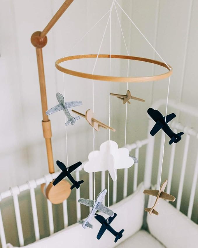 Baby Crib Mobile (Airplanes in The Clouds) - Nursery Decoration Ceiling Mobile and Baby Shower Gift for Boys & Girls - Grey and White