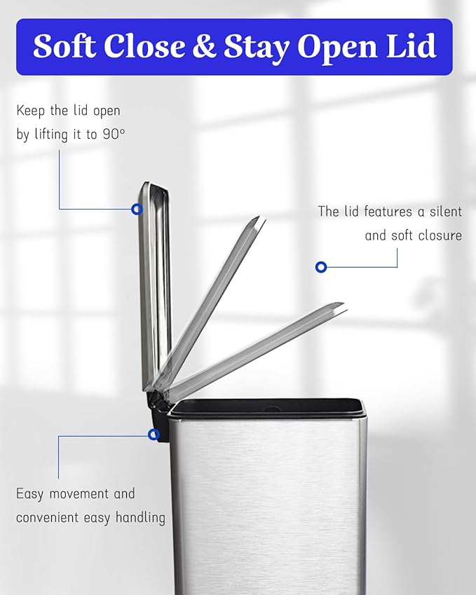 Rubbish Bin with Lid, 10 L, Stainless Steel Waste Bin, Bathroom, Pedal Bin, Stainless Steel for Bathroom, Bedroom and Office