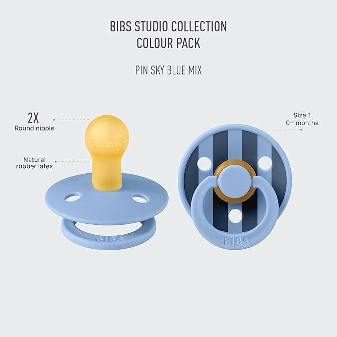 BIBS Pacifiers - Studio 2 Pack | Round Nipple Baby Pacifier | BPA Free Natural Rubber Latex Soother | Made in Denmark | Size 0+ Months | Pin Sky Blue