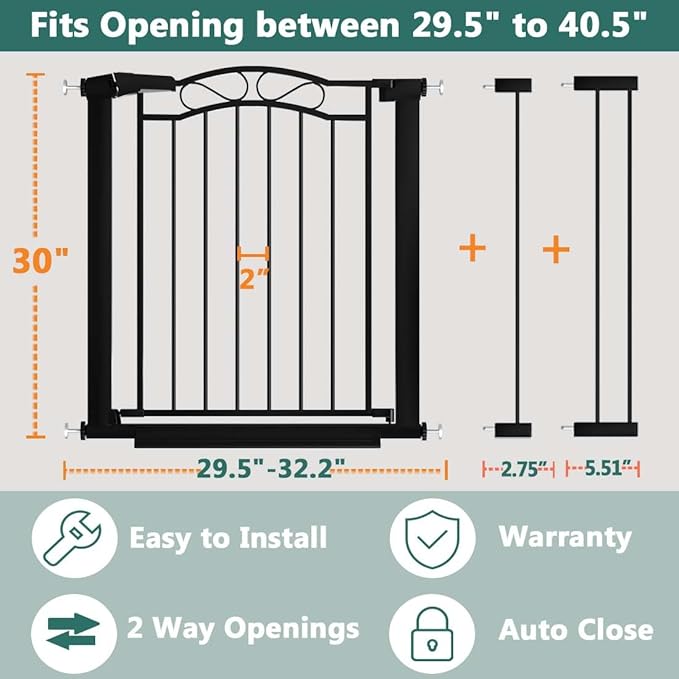 29.5"-40.5" Extra Wide Baby Gate, Pressure Mount Metal Long Dog Gates for House Stairs Doorways, Auto Close Safety Child Gate with Walk Thru Door No Drilling, Tension Pet Gate Indoor for Kids, Black