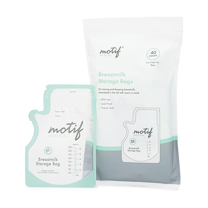 Motif Medical Breastmilk Storage Bags - Breastmilk Freezer Bags w/Easy Pour Spout, Write-On Label - Leak-Proof Double Zipper Milk Bags for Breastmilk - Breastfeeding Mom Gifts (6 Oz, 40 Count)