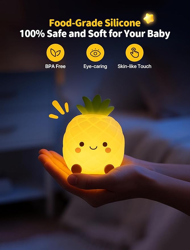 Pineapple Night Light for Kids, Nursery Night Light, Bedside Touch Lamp, Cute Silicone Nightlight for Baby Toddler, 3 Level Dimmable Soft Night Lamp Gift for Bedroom Kids Room Decor