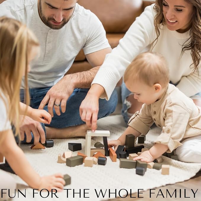 Educational Stacking Blocks for Toddlers 1–3 – 46-Piece Wooden Building Block Set | Montessori-Inspired Learning Toy with Storage Bag | Safe, Non-Toxic, Earth-Tone Colors