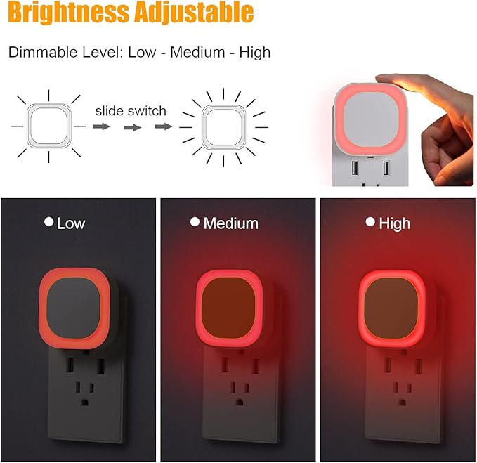 6 Pack Plug in Red Sleep Night Light, Auto Dusk to Dawn, Soft Glow, Dimmable Diffused Light, LED Lights for Bedroom, Sleep, Baby Nursery, Kids, Toddler, Bathroom, Hallway, Home Decor
