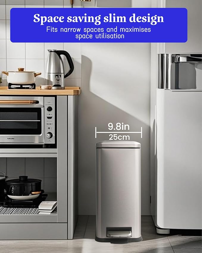 8 Gallon Slim Trash Can with Soft Close Lid, Stainless Steel Trash Can with Removal Inner Bucket, Hand -Free Trash Bin for Kitchen, Office, Laundry, Bathroom, 30 Liter Capacity, Grey