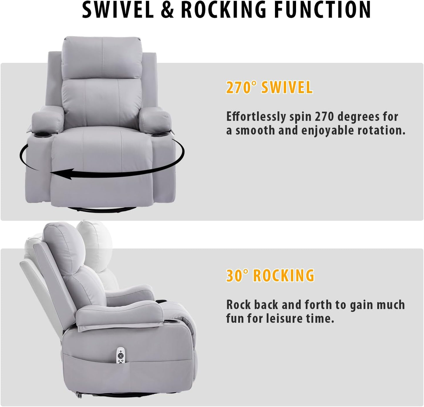 KCQ Electric Massage Swivel Rocker Recliner Chairs with Heat Cup Holders Overstuffed PU Leather Power Rocking Glider Chairs Reclining Lounge Chair for Adults, Grey