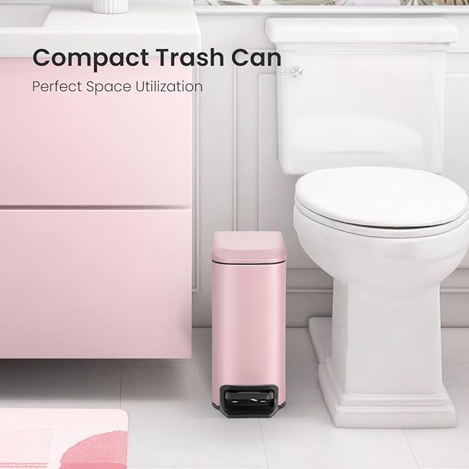 Cesun Small Bathroom Trash Can with Lid Soft Close, Step Pedal, 6 Liter / 1.6 Gallon Stainless Steel Garbage Can with Removable Inner Bucket, Anti-Fingerprint Finish (Pink)