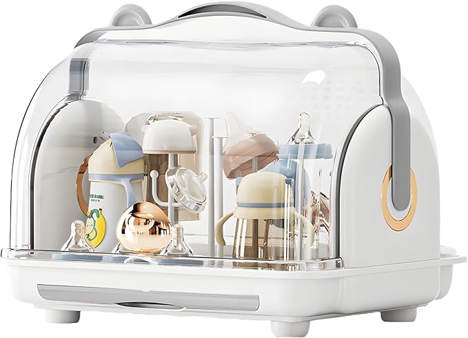 Baby Bottle Drying Rack Storage, Nursing Bottle Storage Box Organizer with Cover, Portable Kitchen Cabinet Organizer, Durable countertop Dryer (Grey)