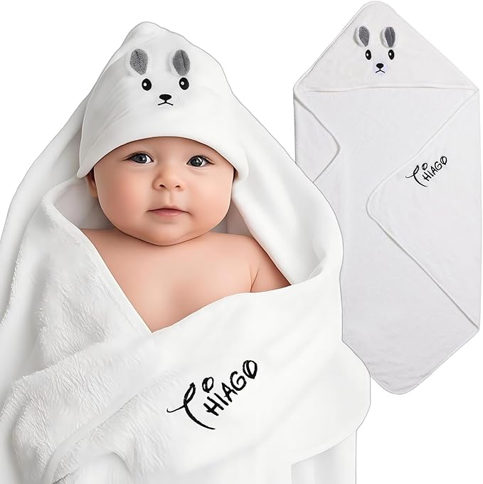 Personalized Baby Towels for Newborn Custom Embroidery Name Hooded Baby Bath Towels for Boy Girl Newborn Essentials Must Haves Shower Gift Soft Coral Velvet 30"x30" (White)