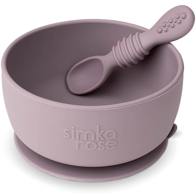 Simka Rose Baby Bowl and Spoon Set, Suction Bowls for Toddler, BPA-Free Silicone, Dishwasher and Microwave Safe Feeding Supplies (Lilac)