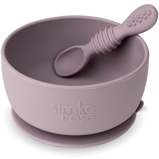 Simka Rose Baby Bowl and Spoon Set, Suction Bowls for Toddler, BPA-Free Silicone, Dishwasher and Microwave Safe Feeding Supplies (Lilac)