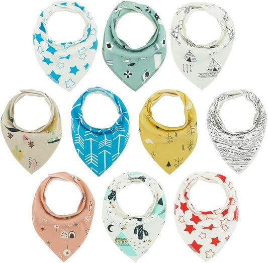 10pcs Baby Bandana Drool Bibs - Age 3 to 24 Months - Ultra Absorbent Organic Cotton Drooling Baby Bibs for Boys and Girl - Safe Nickel Free Snaps For Teething Protection - Unisex Bib Set