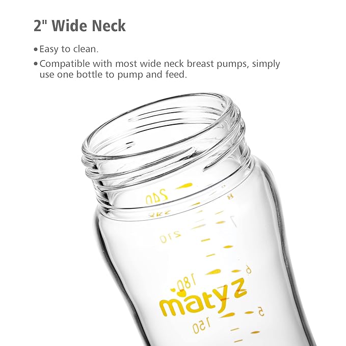 Matyz 8 Ounce Glass Baby Feeding Bottle with Nipple, Light and Slim, Easy to Hold, Food Grade Borosilicate Glass, Wide Neck Breastmilk Feeding Bottle, Easy to Clean, No BPA (Blue Lids)