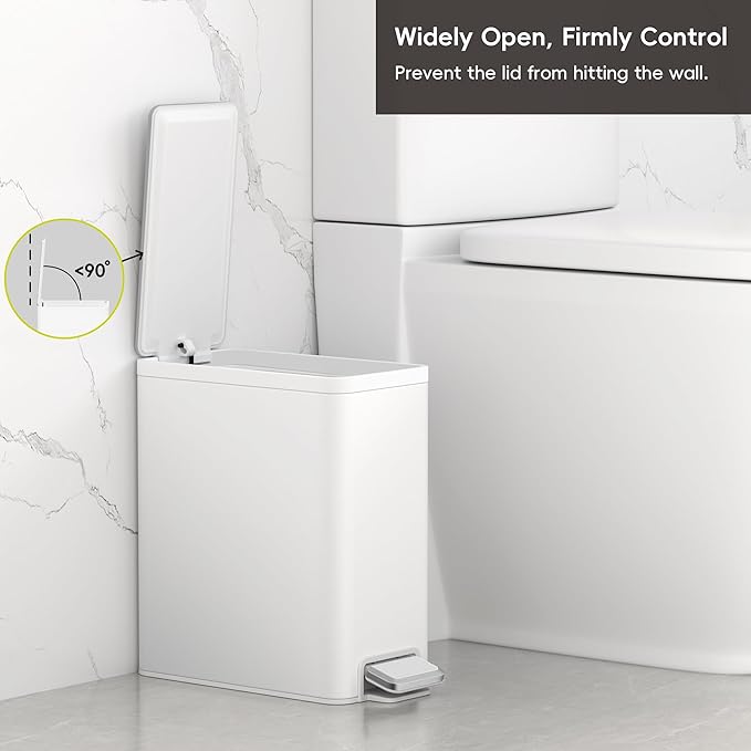EKO Slim Small Bathroom Trash Can with Lid, Stainless Steel Small Garbage Can with Removable Inner Bucket, 6L / 1.6 Gal, Step On Trash Bin (White)