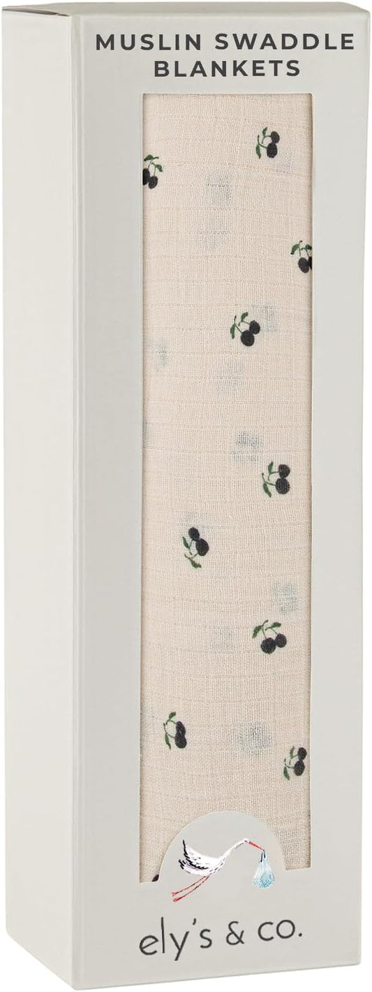 Ely's & Co. Muslin Swaddle Blanket 1-Pack for Baby Boy, 100% Cotton Muslin Extra Large Swaddle Receiving Blanket, 47”x47” (Blue Cherry)