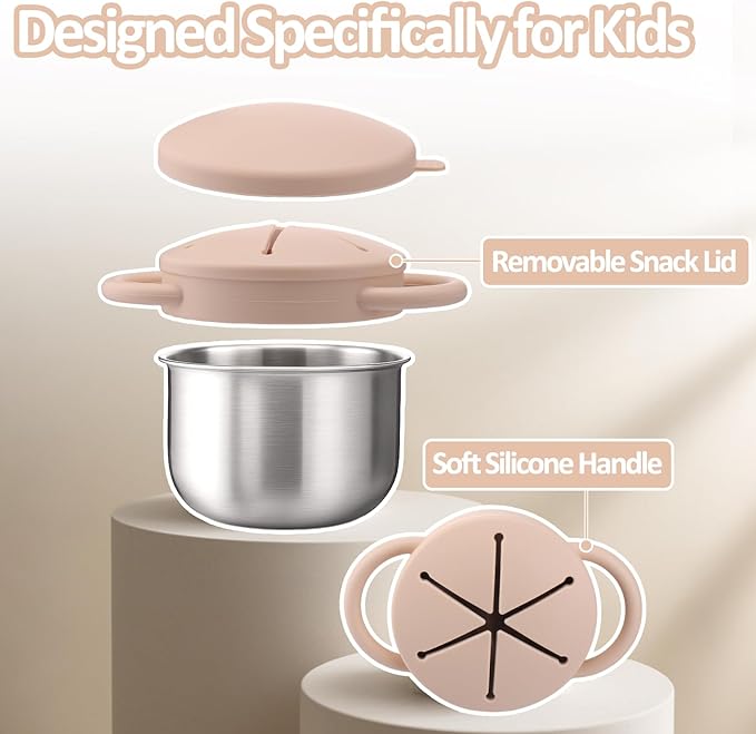 BUSOHA 2 Pack Stainless Steel Toddler Snack Cups - 9 OZ Spill-Proof Baby Snack Containers with Silicone Catcher and Lid Travel Snack Containers for Kids Dishwasher Safe Food Grade Silicone