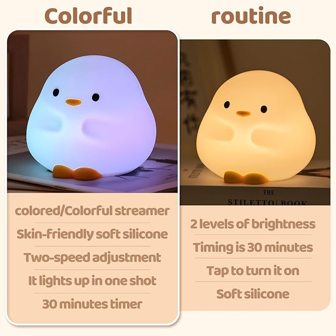 Duck Silicone Night Light for Kids - Color Changing LED Lamp with Soft Touch, USB Rechargeable & Long Battery - Cute Touch Control Duck Light for Kids Room & Birthday Gifts