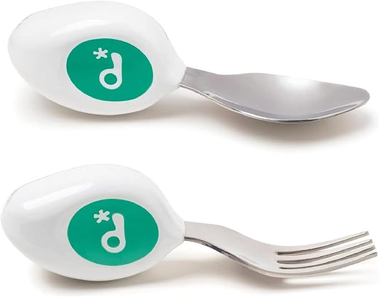 doddl Toddler Utensils, Ergonomic Fork and Spoon Set for Self Feeding, Stainless Steel Silverware for 1-3 Year Olds, BPA Free, Dishwasher Safe (Aqua)