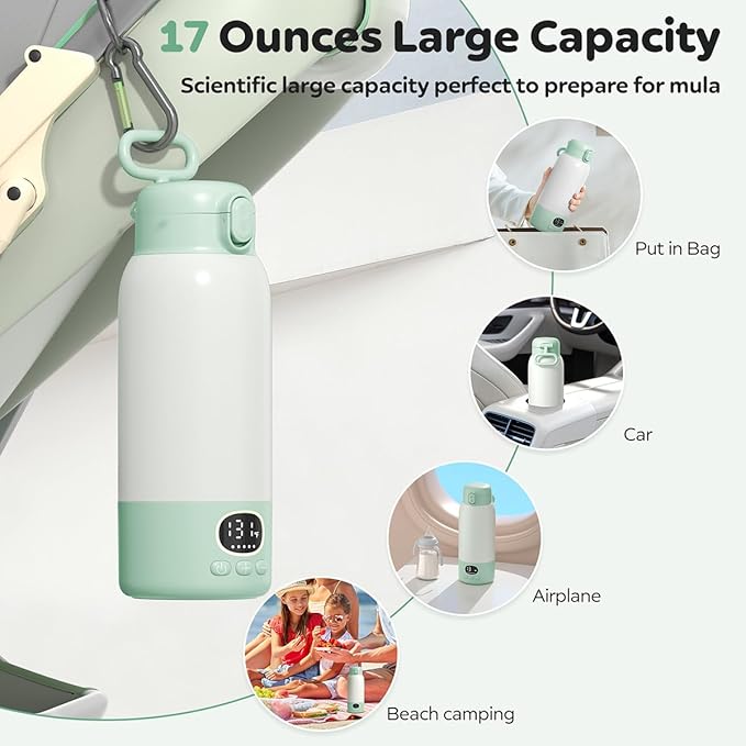 Portable Bottle Warmer 17oz Large Capacity Bottle Warmer for Travel, Fast Heating for Breast Milk Formula and Milk, Suitable for Baby Outdoor Airplane and Car Green5