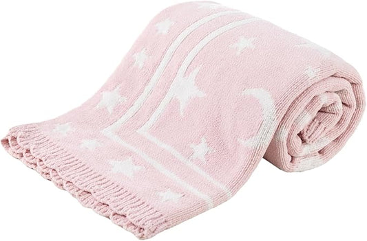 Berkshire Baby Blanket,Ultra-Plush Reversible Chenille Knit Toddler Blanket,Cute Pattern Nursery Crib Blanket,Ideal Baby Gift(30x40 Inches,Stars and Moon Border White-Pink)