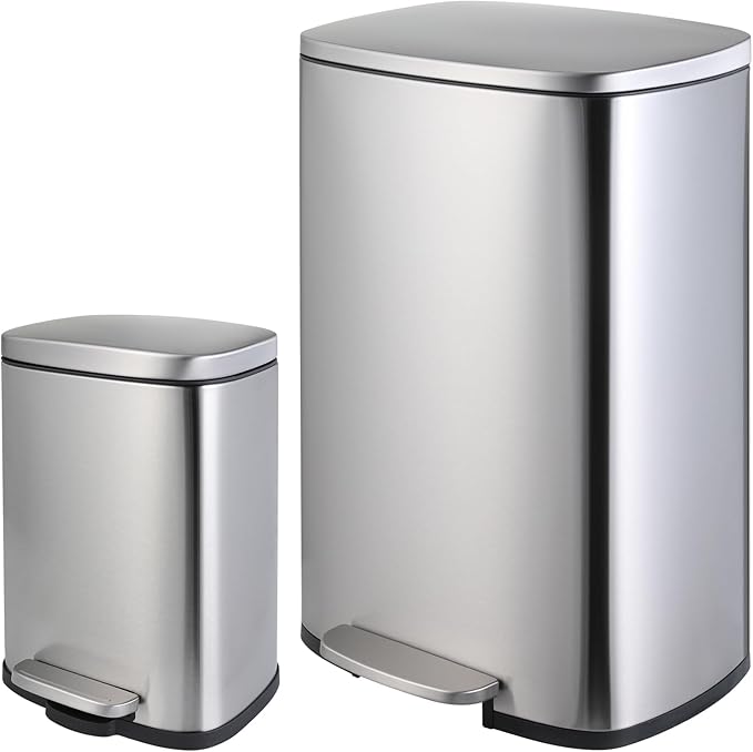 13.2+1.3 Gallon Trash Can Combo Set, Stainless Steel Garbage Bin with Pedal, Removable Inner Waste Bucket, Anti-Fingerprint, Soft-Close Locking Lid Dustbin for Kitchen, Bathroom, Office