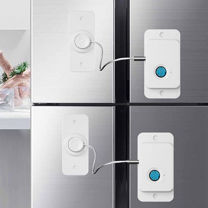 Fingerprint Fridge Lock (2 Pack),Refrigerator Lock with Fingerprint,for Fridge, Cabinet locks, Drawers, Dishwasher, Toilet and Cabinet Locks Baby Proofing, 3M Adhesive No Drilling (White)
