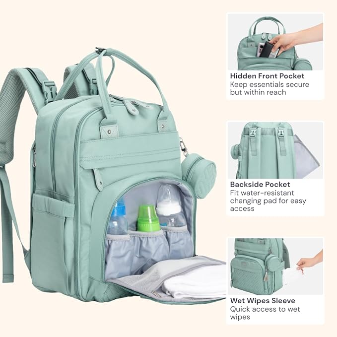 BabbleRoo Diaper Bag Backpack - Baby Essentials Travel Bag - Multi Function Waterproof Diaper Bag, Travel Essentials Baby Bag with Changing Pad, Stroller Straps & Pacifier Case – Unisex, Sage Green