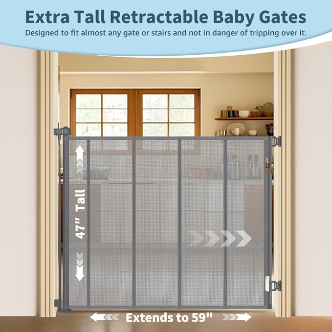 47” Extra Tall Retractable Baby Gate, Reinforced Mesh Dog Gate Extends to 59" Wide, Baby Gate for Stairs, Doorways, Hallways, Indoor and Outdoor, Grey