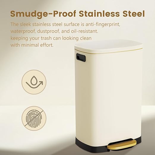 ELPHECO Kitchen Trash Can with Lid Soft Close, 13 Gallon / 50L Stainless Steel Pedal Garbage Can, Heavy-Duty Fingerprint Proof Step Wastebasket with 20 Bags, Removable Bucket, Home Office, Cream Beige