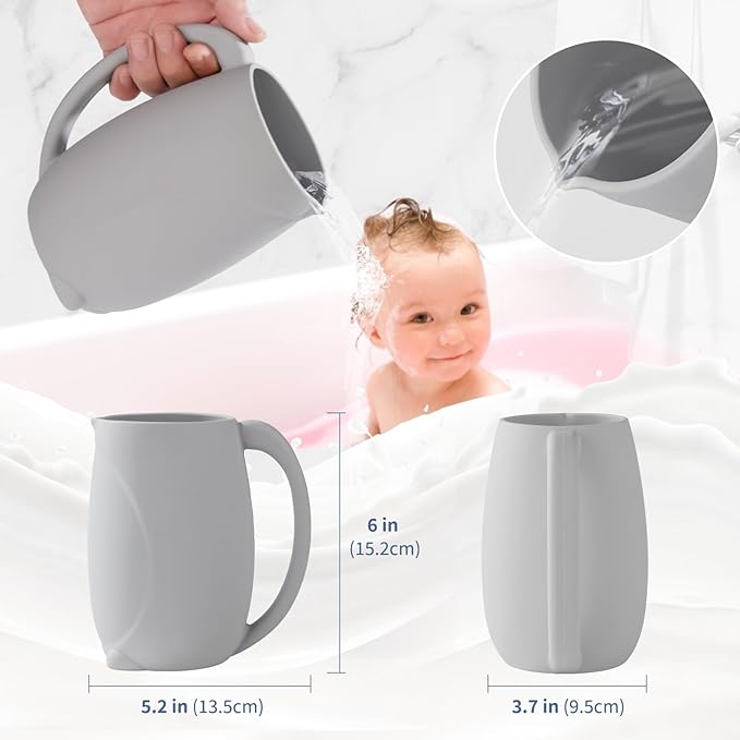 Bath Rinse Cup with Easy Grip Handle - Baby Brand, Children's Shampoo and Body Wash Rinser, Food Grade Silicone, Penguin (Grey)