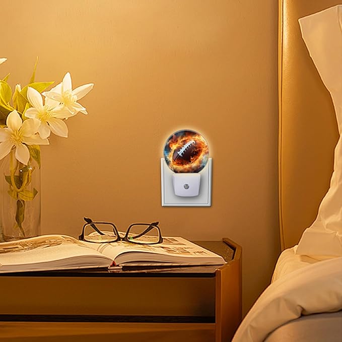 Round LED Night Lights Lamp with Dusk to Dawn Sensor, American Football Ball on Fire Night Light Plug Into Wall for Kids Room, Bedroom, Bathroom, Kitchen, Hallway