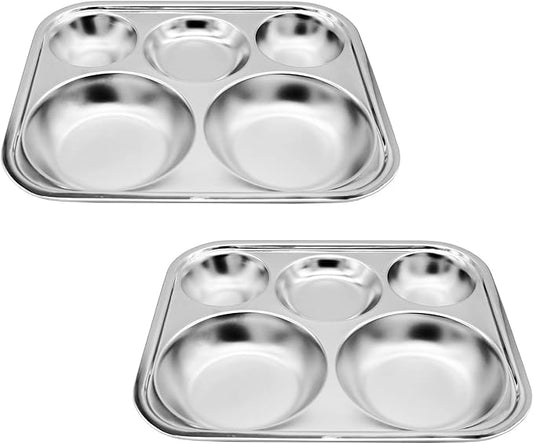Korean Stainless Steel Divided Plates, Food Grade 304 Tray Large Size for Adults, Teens, Picky Eaters, Campers, BPA Free, Diet Portion Control, Serving Platter, Dinner Snack, Set of 2