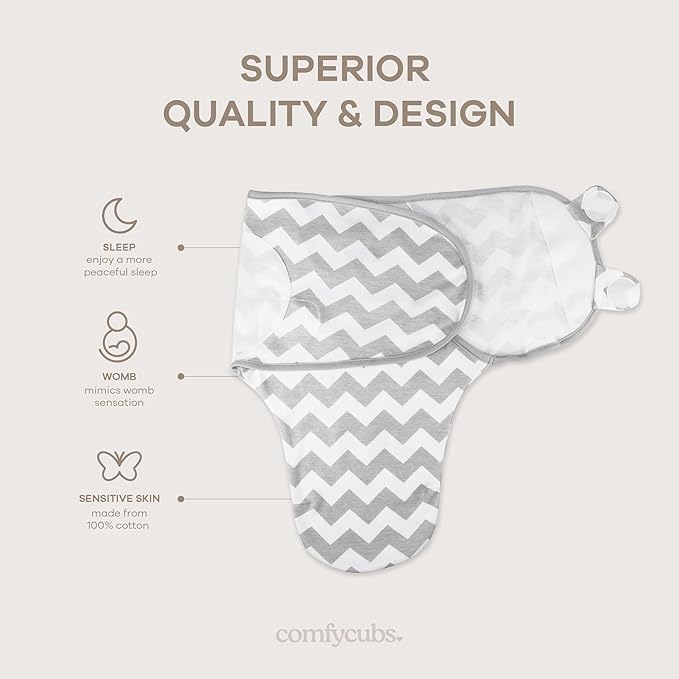 Comfy Cubs Easy Swaddle Blanket, 3 Pack - 100% Cotton Newborn Wrap, Large for 3-6 Months Infants, with Adjustable Velcro, Breathable and Durable Sleep Sack for Babies - Grey