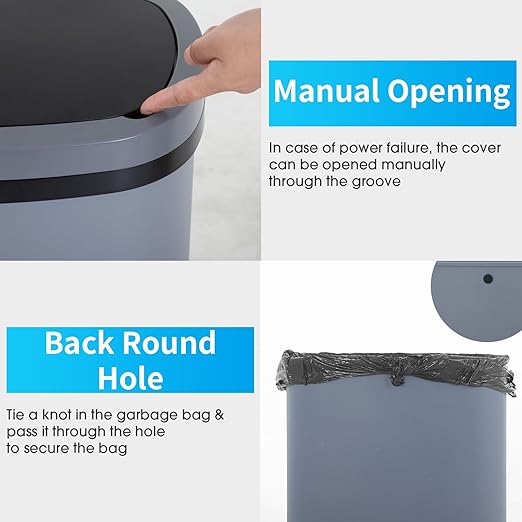 BestOffice | 13 Gallon Plastic Trash Can with Lid | Gray | Automatic Touchless Garbage Can | Odor Control | Modern Oval Design | Easy to Clean | Fits Any Kitchen, Bathroom, Office or Home