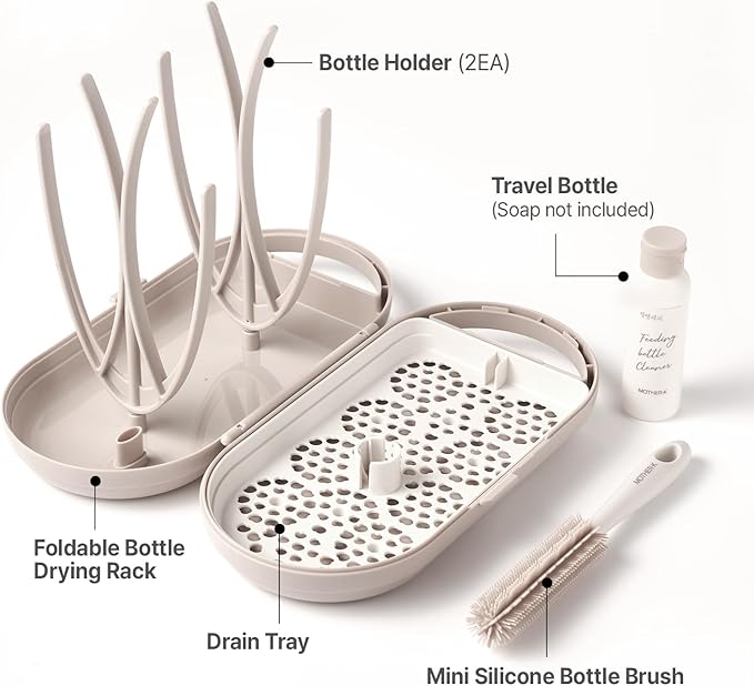 MOTHER-K Travel Baby Bottle Drying Rack Set - Baby Bottle Cleaner Kit with Cleanser and Mini Silicone Bottle Brush, Portable Bottle Drying Rack for Home and Travel (Cream Mocha)