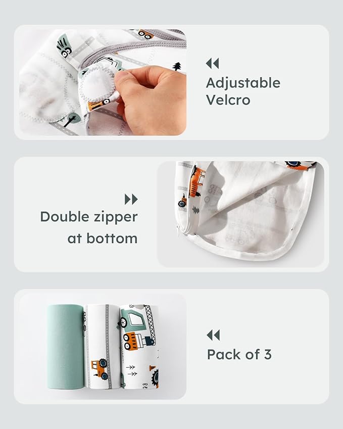 Baby Swaddles for Newborns with Zipper, 100% Cotton Newborn Swaddle Sack, 3 Pack Baby Swaddles 3-6 Months Swaddle Sleep Sack for Newborn Baby Boy Girl Green Excavator