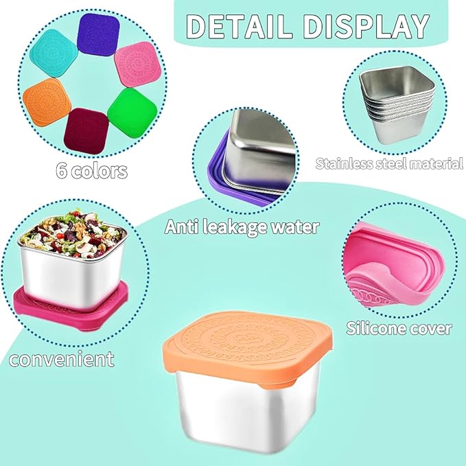 6Pack 6oz Stainless Steel Snack Containers for Kids, Easy Open Leak Proof Metal Toddler Snack Containers with Silicone Lids, Stackable Metal Toddler Lunch Box for Daycare, School and Travel