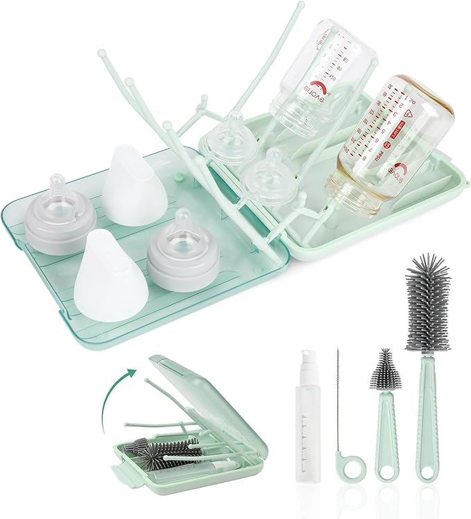 Baby Bottle Brush Set, 6-in-1 Travel Bottle Cleaning Kit with Silicone Bottle Brush, Nipple & Straw Brush, Soap Dispenser, Drying Rack, Storage Box – Compact Travel Baby Essential for Home & On-The-Go