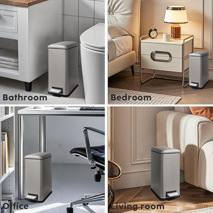 Bathroom Bin 10L, Small Kitchen Bins with Soft Close Lid,Slim Pedal Bin with Removable Inner Bucket,Small Bins for Bathroom,Kitchen,Bedroom,and Office,grey