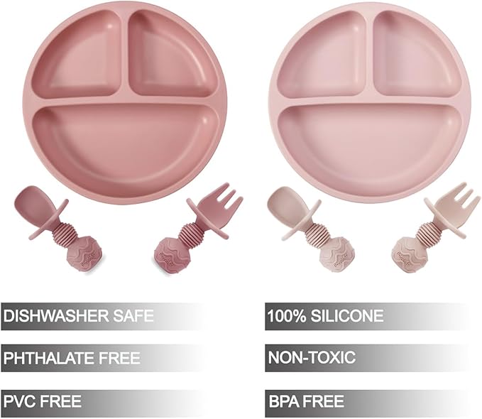 PandaEar 2 Pack Toddler Divided Suction Plates with 2 Spoons 2 Forks for Babies | Silicone Baby Led Weaning Supplies Self Feeding Eating Utensils | BPA-Free Silicone Baby Feeding Set -Pink