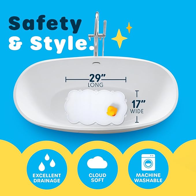 SlipX Solutions Cloud Shaped Kid & Baby Bath Mat for Tub & Shower 17” x 29”, Non-Slip Bathmat, Soft Loofah Cushioning for Sensitive Feet, Built-in Product Protection, Machine Washable, White