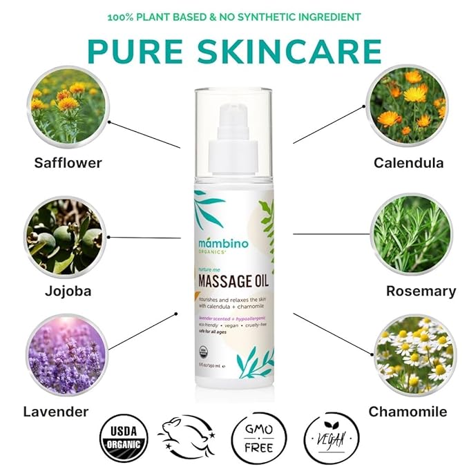 Mambino Organics Massage Baby Oil – Organic, Nourishing with Egyptian Calendula, Chamomile & Lavender – Gentle for After-Bath Relaxing – Cruelty-Free Baby Oils for Baby & Kids, 3-Pack 5 fl oz