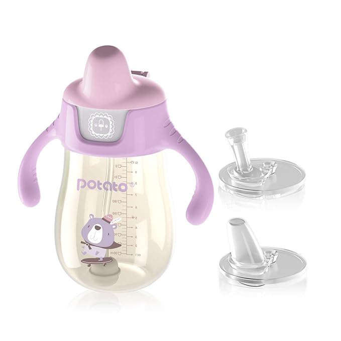 POTATO Sippy Cups For Toddlers with Straw Spill Proof, PPSU Learner Cup with Handle for Girl, Water Bottle for Baby 12 Months with 2 Type of Spout, 10 Ounce Pink