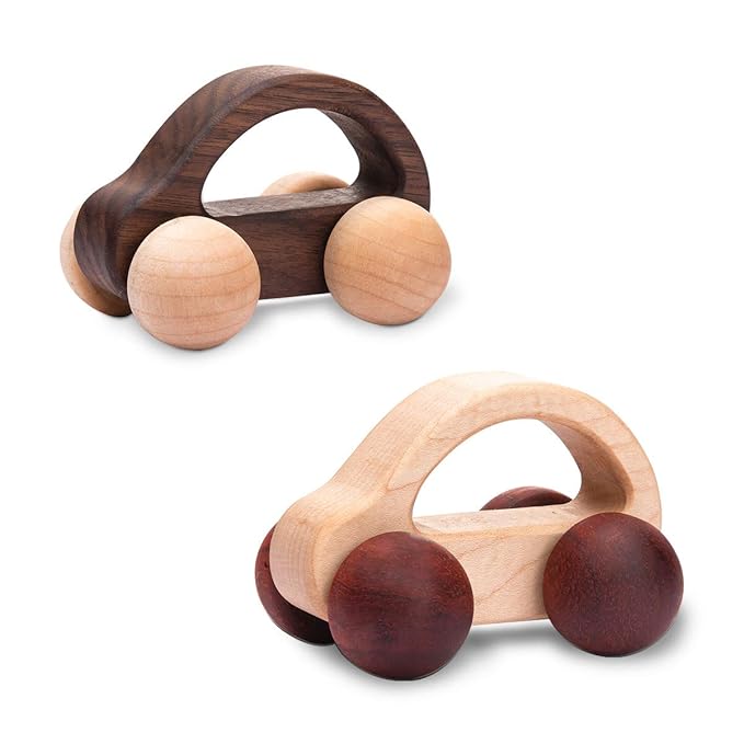 Organic Baby Push Car Wooden Toys 2pc Wood Car and Fine Movement Development and Infant Grasping Montessori Toys