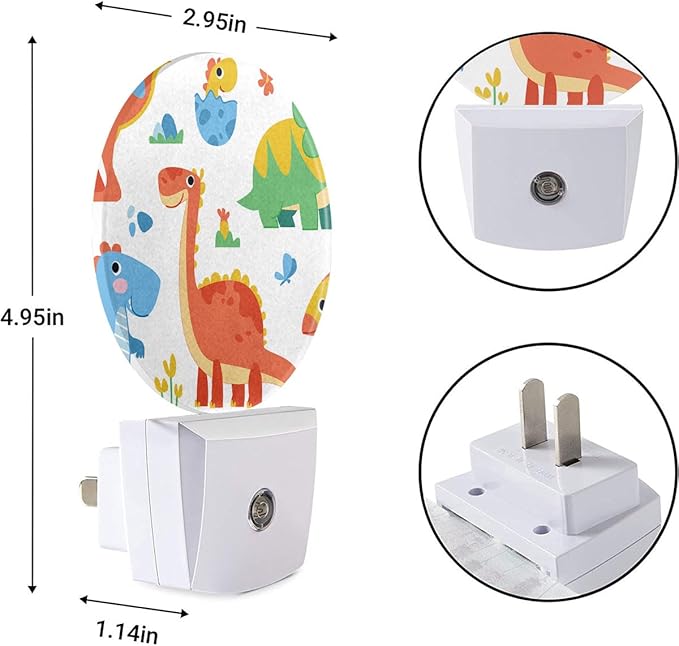 EKOBLA Dinosaur Night Light Cartoon Round LED Wall Plug-in Nightlights with Auto Sensor, Dino Night Light - Cute Dinosaur Theme Dusk to Dawn Lighting for Boys & Girls (Soft Glow Sleep-Friendly)