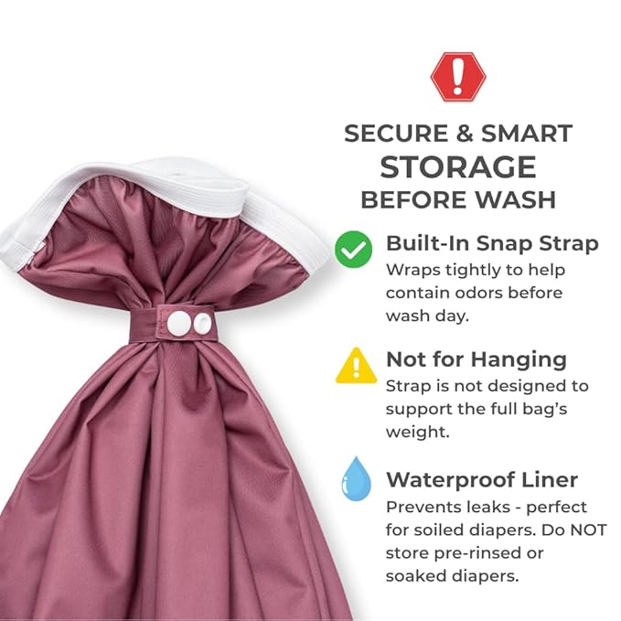 Nora's Nursery Pail Liner for Cloth Diapers - Reusable and Washable - Fits all Standard Diaper Pails - Waterproof Pail Liner with Strap for Diaper Pails & Laundry (Rose- 2 Pk)