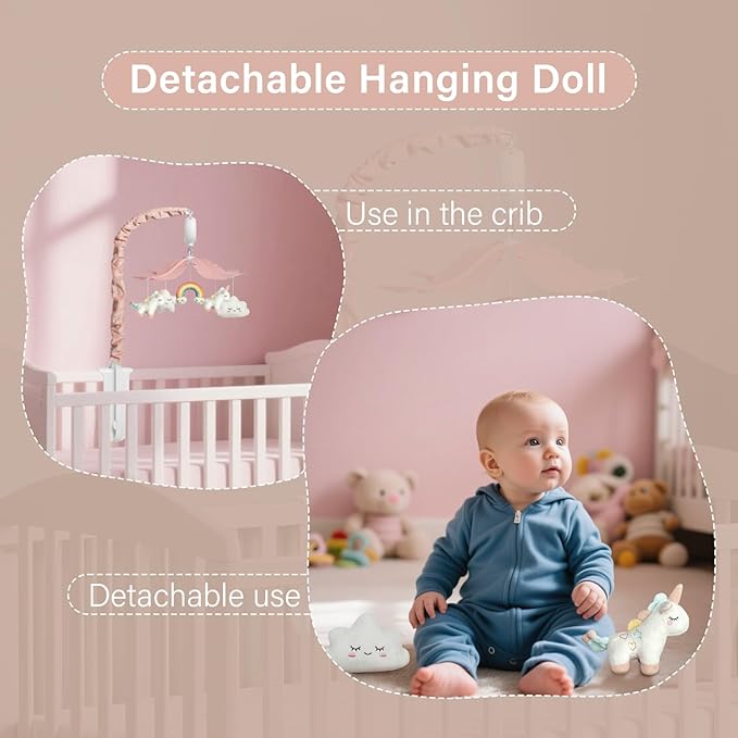 Crib Mobile for Girls - Pink and White Unicorn & Weather Theme, Mobile for Crib with 35 Lullabies & 3 Modes Music Box, Nursery Decoration for Infant Soothing & Sleep