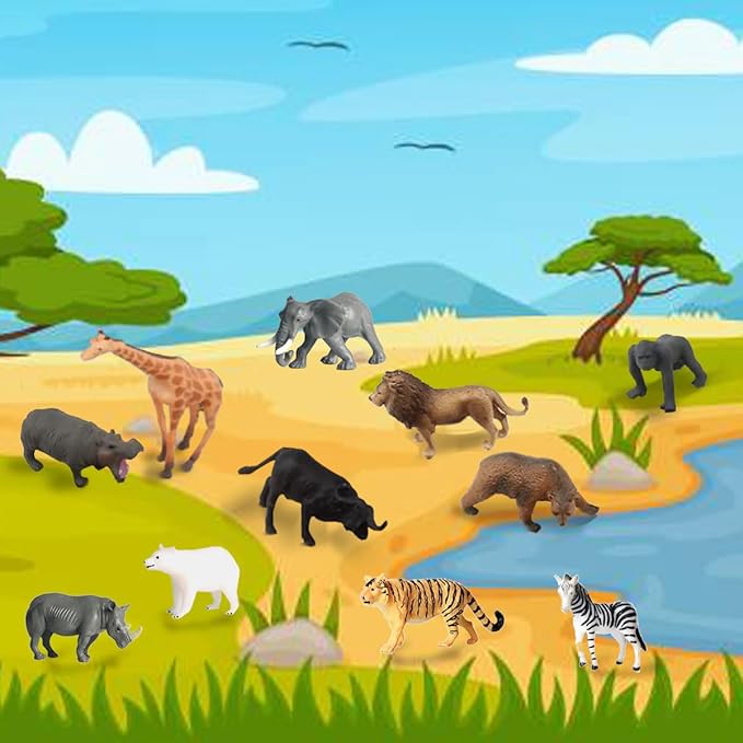 RUSON 12 Pcs Mini Safari Animals Figures Toys, Realistic Jungle Zoo Animal Figurines Cake Topper Toy Set Christmas Birthday Easter Egg Gift Party Supplies for Kids Toddlers