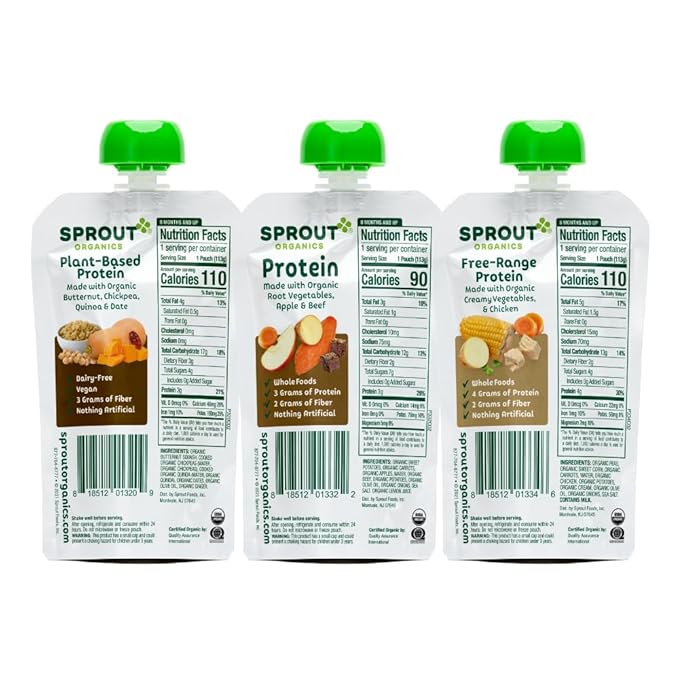 Sprout Organic Baby Food, Stage 3 Pouches, Root Veg & Beef, Creamy Veg & Chicken, Garden Veg & Turkey Variety Pack, 4 Oz Purees (Pack of 18)